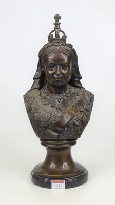 Lot 12 - A bronzed metal head & shoulders bust of Queen...