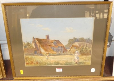 Lot 1028 - FK Agar - Figures before a cottage on a summer'...