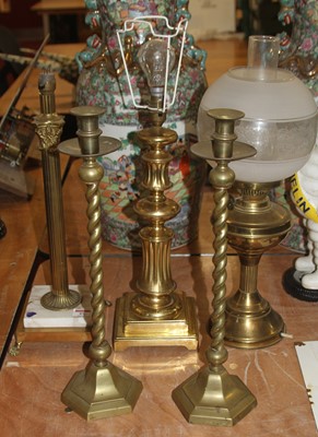 Lot 89 - A pair of brass barleytwist table candlesticks,...