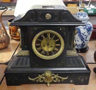 Lot 185 - A Victorian black slate eight-day mantel clock,...