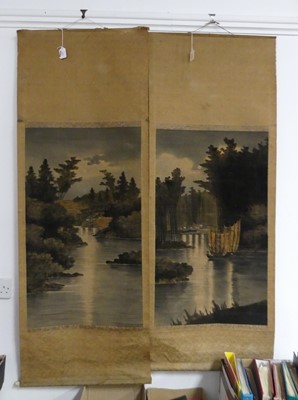 Lot 425 - A pair of Japanese scroll paintings with silk...