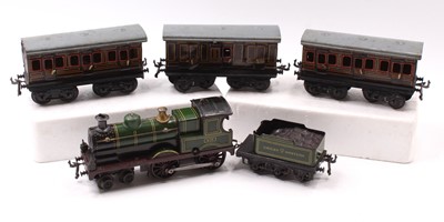 Lot 220 - Bing loco & tender with three coaches: 4-4-0...