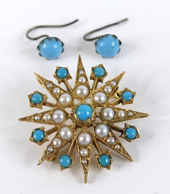 Lot 2507 - A yellow metal turquoise and pearl eight-ray...