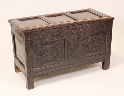 Lot 1565 - A circa 1700 joined oak coffer having three...