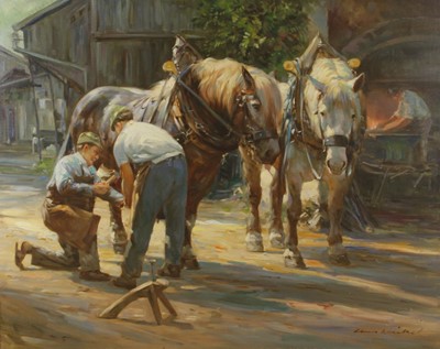 Lot 1491 - Hans Nickel (1916-1987) - The farrier, oil on...