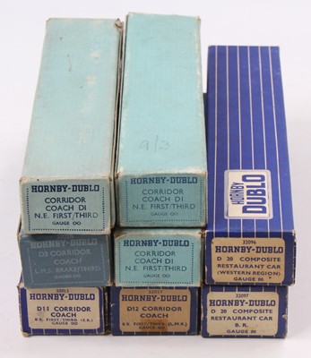 Lot 525 - Eight Hornby-Dublo tinplate coaches: D3 LMS...