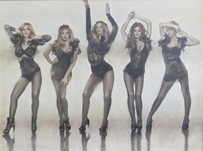 Lot 298 - Raymond Leech (b.1949) - Girls Aloud, oil on...