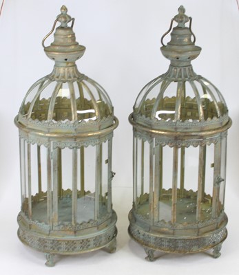 Lot 14 - A pair of verdigris metal hanging lanterns,...