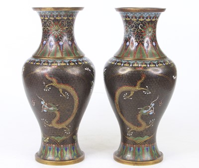 Lot 42 - A pair of Chinese cloisonne enamel vases, each...