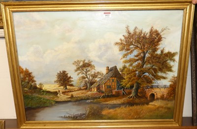 Lot 1022 - J Caines - River landscape with timbered house,...