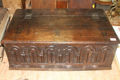 Lot 101 - An 18th century carved oak Bible box, having a...