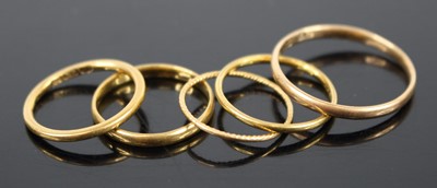 Lot 292 - Five various gold wedding bands, all being...