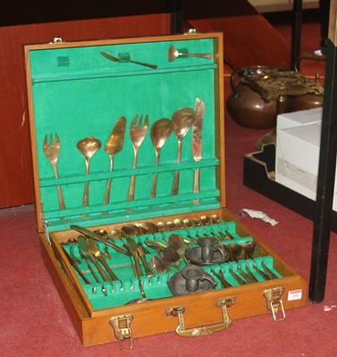 Lot 233 - A teak cased canteen of metal cutlery, width...