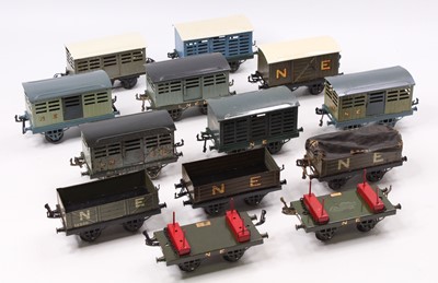 Lot 394 - Thirteen early Hornby 0-gauge goods wagons,...