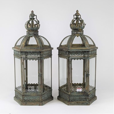 Lot 13 - A pair of painted metal glazed hexagonal...