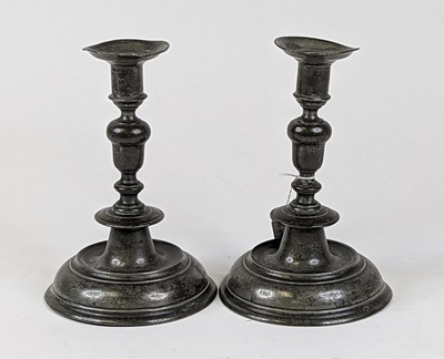 Lot - Metalware, ten pieces: pair pewter candlesticks, baluster