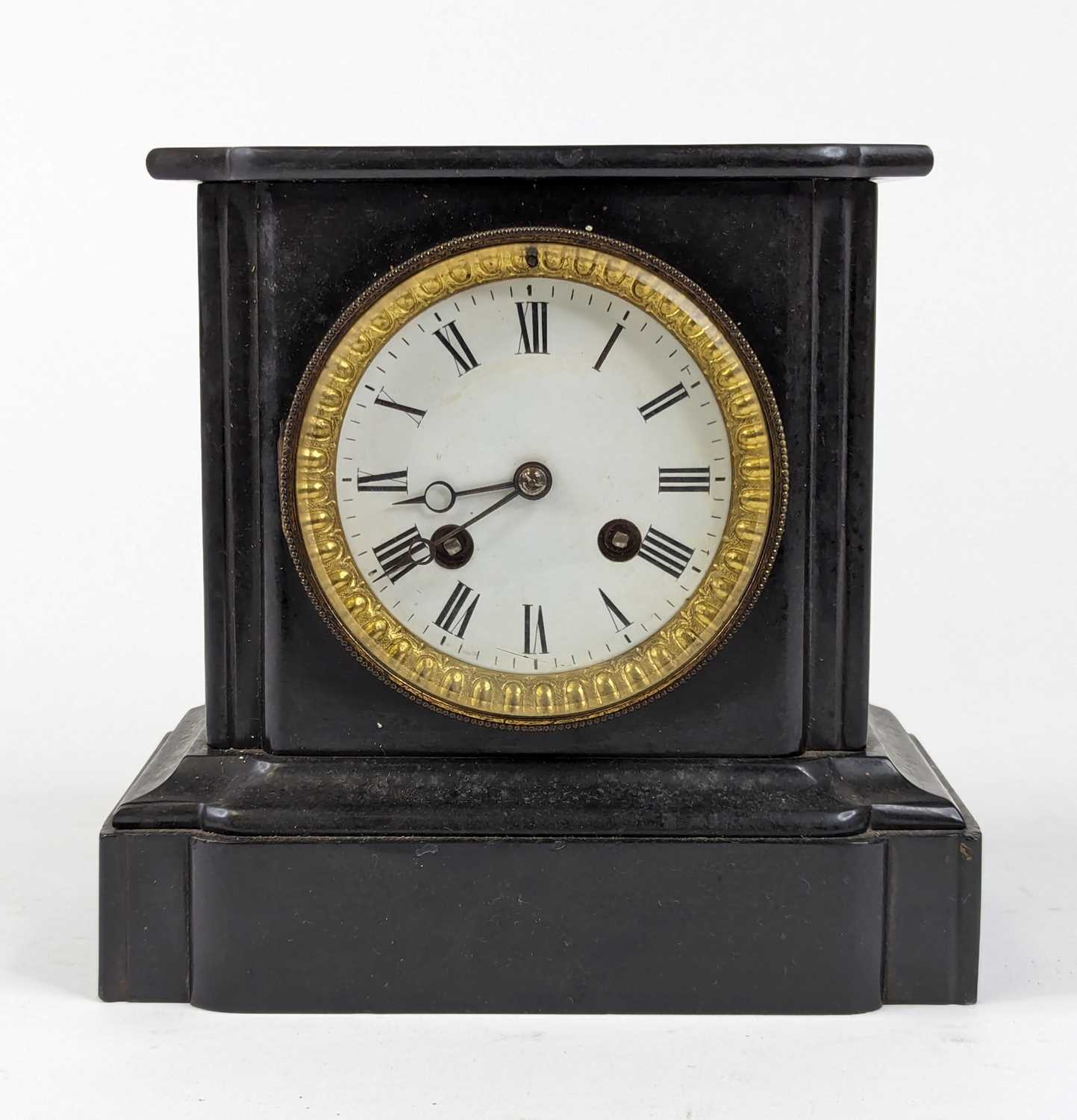 Lot 43 - A Victorian black slate cased mantel clock,...