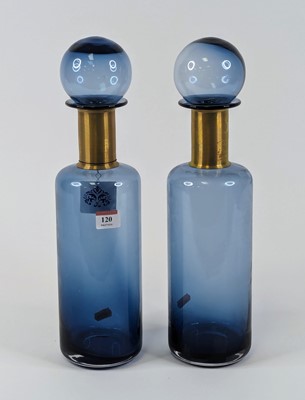Lot 120 - A pair of modern blue glass bottles, each...