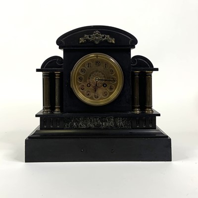 Lot 141 - A Victorian black slate mantel clock, of...
