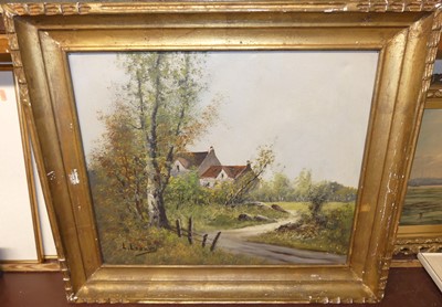 Lot 1005 - L Lebrun - Stone house on a country lane, oil...