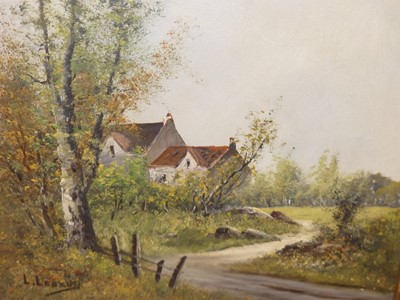Lot 1005 - L Lebrun - Stone house on a country lane, oil...