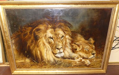 Lot 1014 - AV Bramble - A Lion with Lioness, oil on...