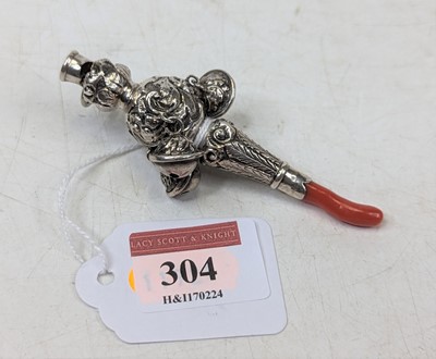 Lot 304 - A Victorian silver baby's rattle, with coral...