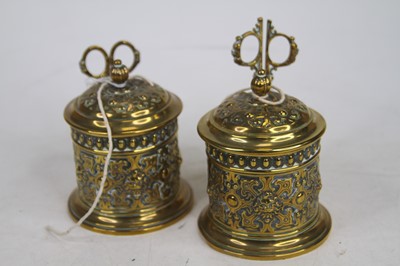 Lot 497 - A pair of Victorian chased brass cylindrical...