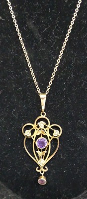 Lot 396 - An Edwardian 9ct gold amethyst and seed pearl...