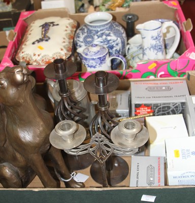 Lot 569 - Two boxes of ceramics and metalware, to...