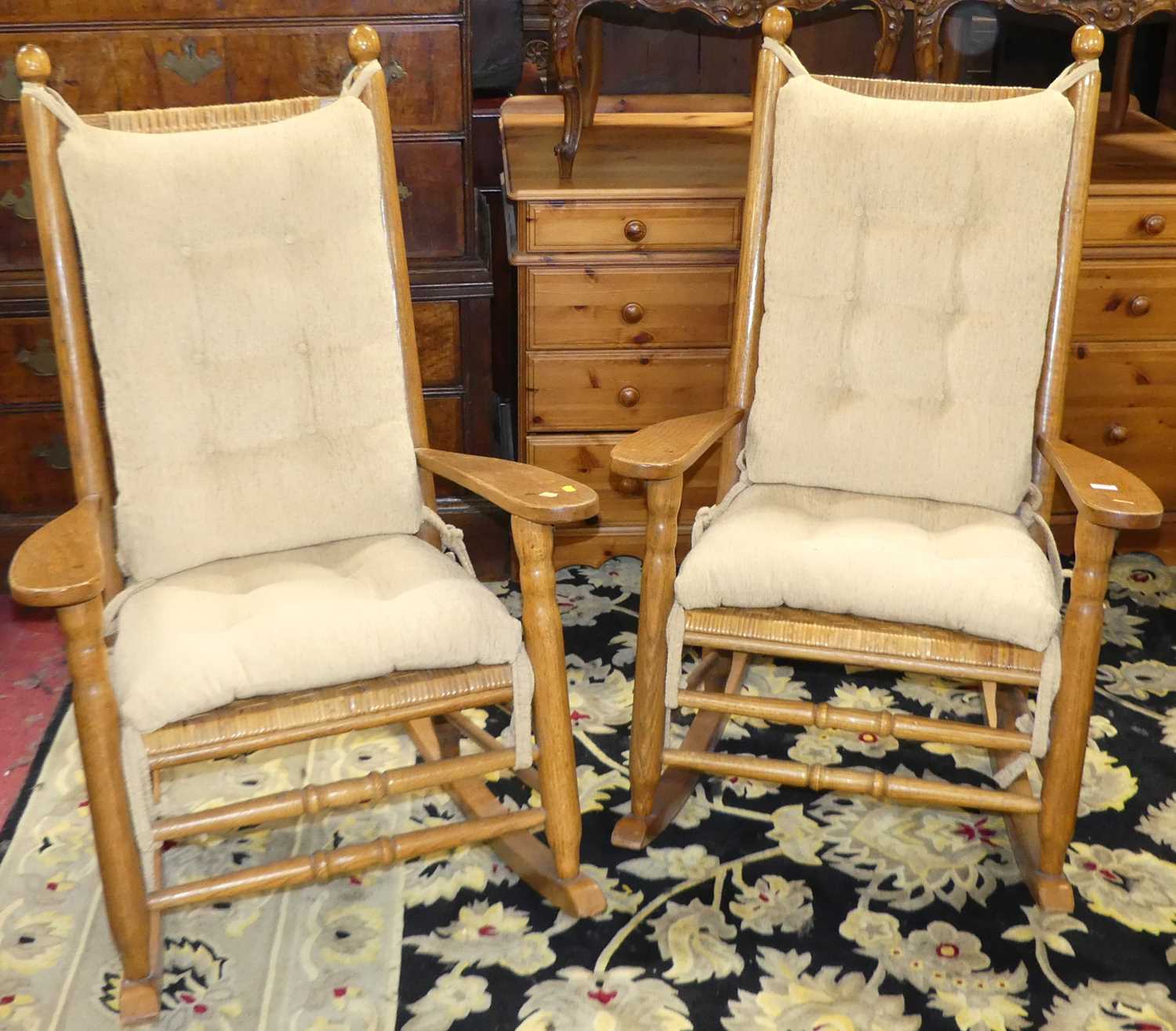Lot 1414 - A pair of oak and woven rattan rocking open...