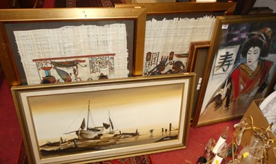 Lot 1085 - Two framed batik studies, a framed display of...