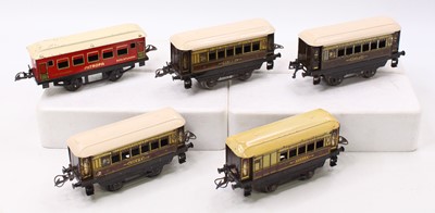 Lot 183 - Five Hornby 4-wheeled coaches. Four No.0...