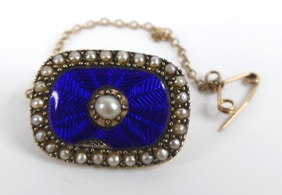 Lot 2629 - A yellow metal, pearl and enamel oblong...