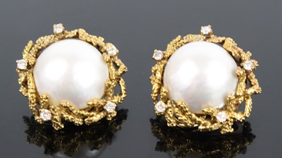 Lot 1297 - A pair of 18ct yellow gold mabé pearl and...