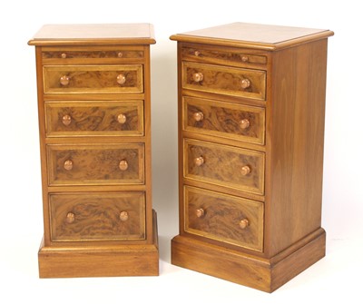 Lot 1585 - A pair of walnut and figured walnut bedside...