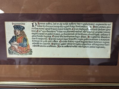 Lot 28 - A woodcut printed panel, hand-coloured,...