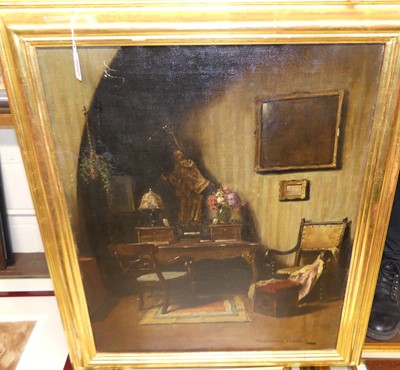 Lot 1018 - Komarami Kaca? - interior scene, oil on canvas,...