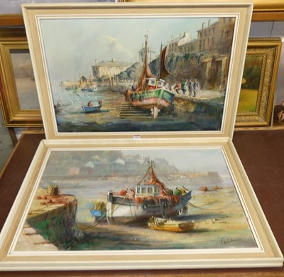 Lot 1034 - Terry Burke - pair harbour scenes, oil on...