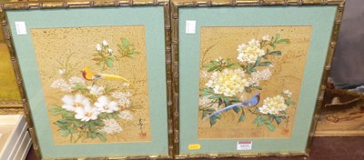 Lot 1035 - A pair of Chinese gouache studies, birds on...