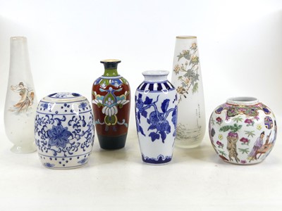 Lot 258 - A collection of six glass and ceramic vases,...