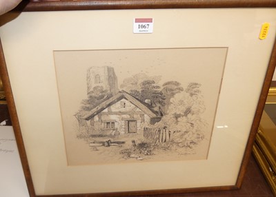 Lot 1067 - E Lenthall - timbered house with church tower...