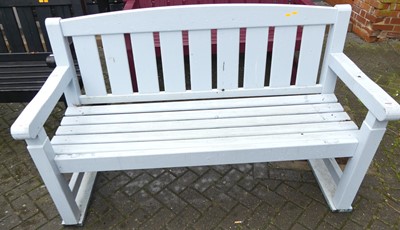 Lot 1183 - A sky-blue painted slatted wood three-seater...