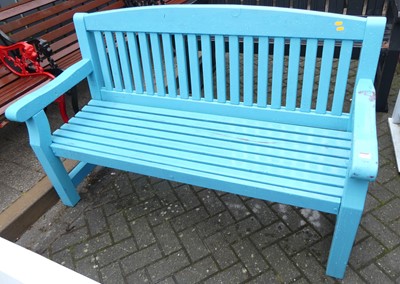 Lot 1184 - A teal painted slatted wood three-seater...