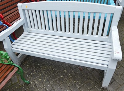 Lot 1186 - A sky-blue painted slatted wood three-seater...