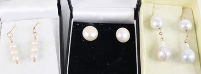 Lot 359 - A pair of cultured pearl and gilt metal ear...