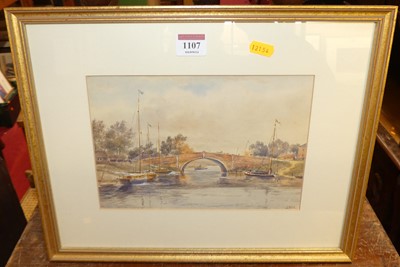 Lot 1107 - J. Hill - Sailing barges on a quiet river,...