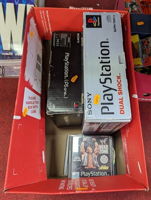 Lot 614 - Two Sony Playstation video game consoles,...