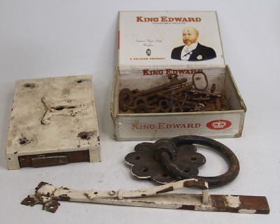 Lot 530 - A vintage iron doorknocker, lock and keys