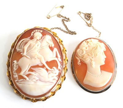 Lot 2528 - Two oval shell cameo brooches, one being 9ct...